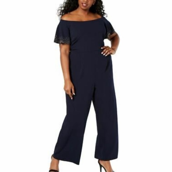 379. NWT Calvin Klein Womens Navy Short Sleeve Wide Leg Evening Jumpsuit 22W - Picture 1 of 4